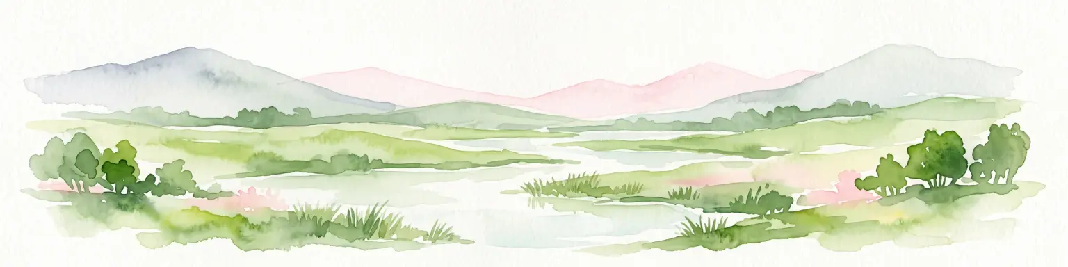 Watercolor illustration of a lush wetland scene with low hills in the background and a winding stream through green fields.