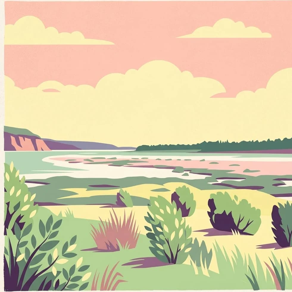 Stylized illustration of a river flowing through a floodplain with scattered bushes and trees under a pink sky