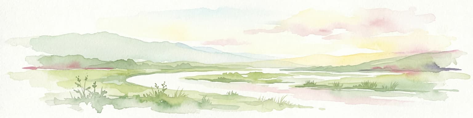 Watercolor illustration of a winding river through a valley with rolling hills and sparse vegetation under a soft sky