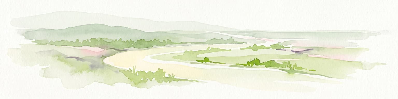 Una pintura en acuarela que muestra un río ancho y tranquilo serpenteando a través de un paisaje de delta plano y verde bajo un cielo brumoso.
