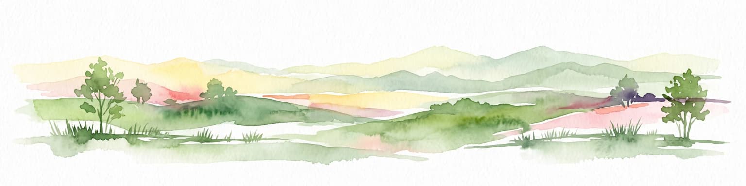 Watercolor painting depicting a panoramic view of rolling hills with scattered trees and soft, warm-toned washes of green and pink against a white background.