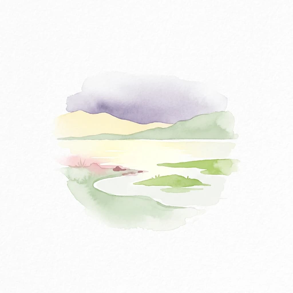 Ilustración en acuarela de un lago con islas verdes, montañas al fondo y un cielo morado y amarillo