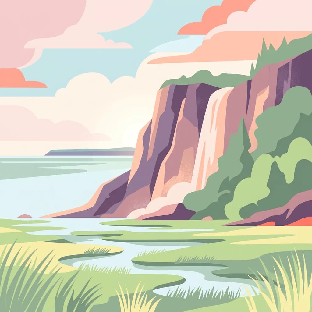 Illustration of a lake with a waterfall cascading down cliffs, surrounded by grassy wetlands and trees under a partly cloudy sky