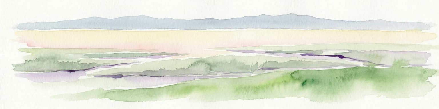 Watercolor painting showing a landscape with rolling terrain, water features, and distant mountains