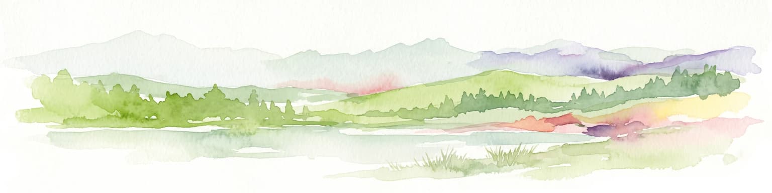 A horizontal watercolor painting showing a soft mountain range in the distance, a midground forest, and a foreground area suggesting marshy ground or a meadow.