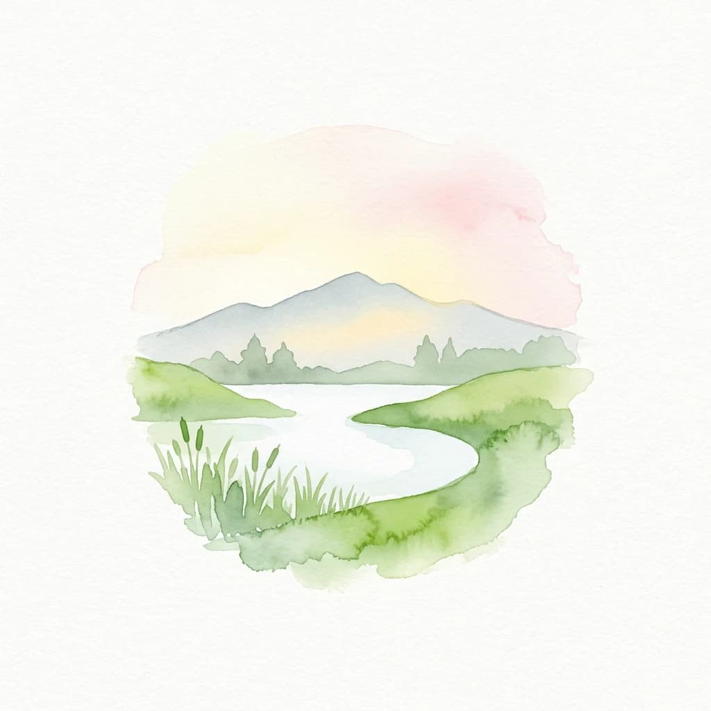 Watercolor illustration of a winding lake surrounded by green hills and distant mountains under a pastel sky