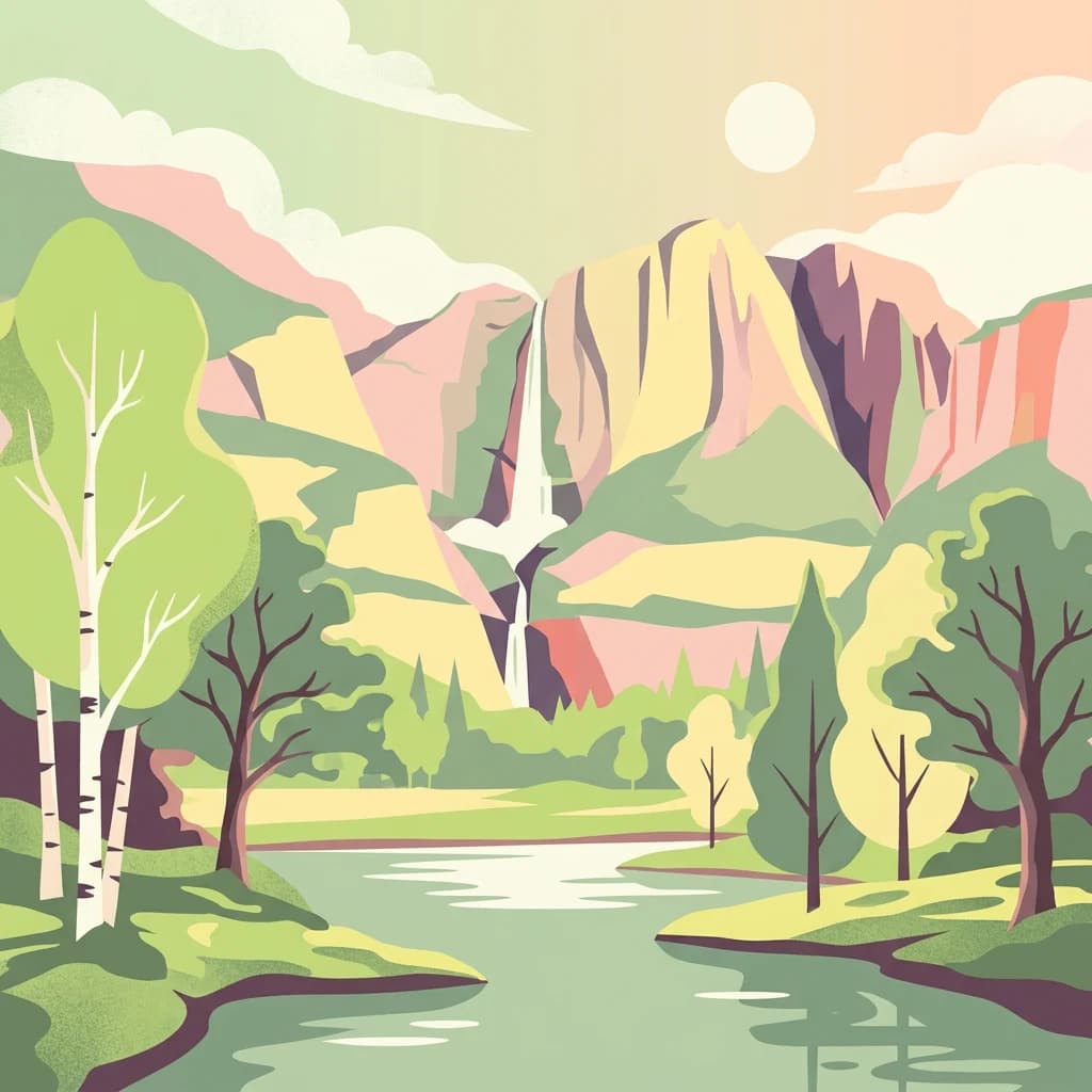 Illustration showing a mountainous landscape with a waterfall, river, trees, and sky