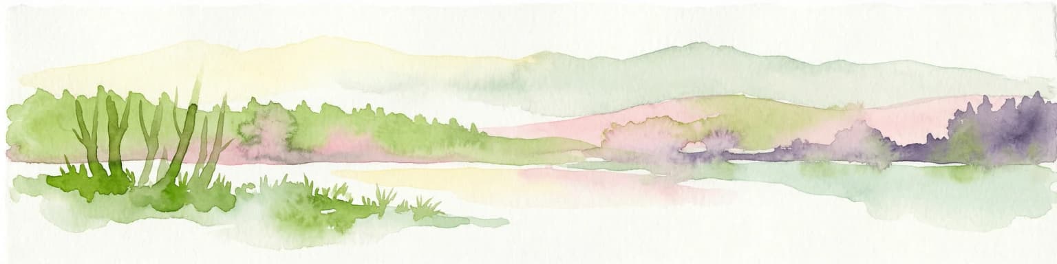 Watercolor painting showing a landscape with green and purple vegetation, a body of water, and distant hills.
