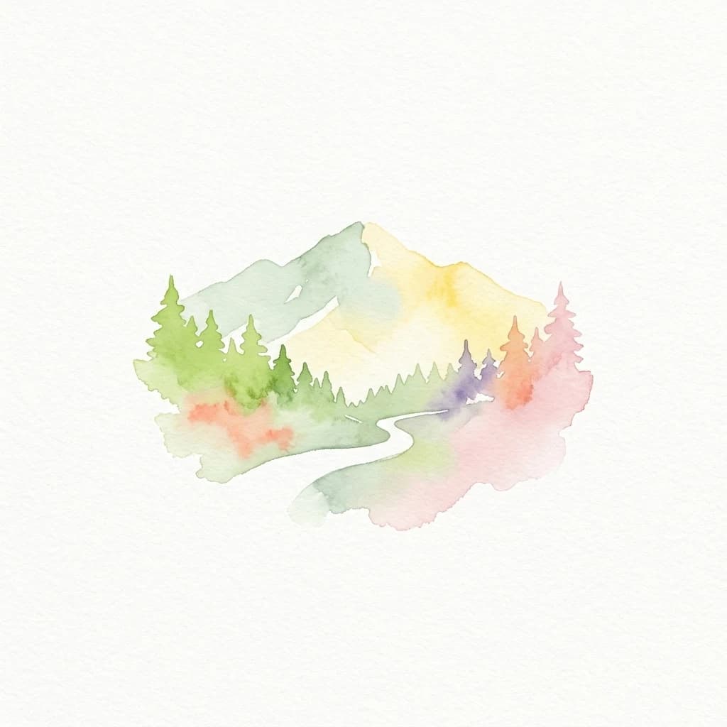 Watercolor illustration showing mountains, trees, and a winding path