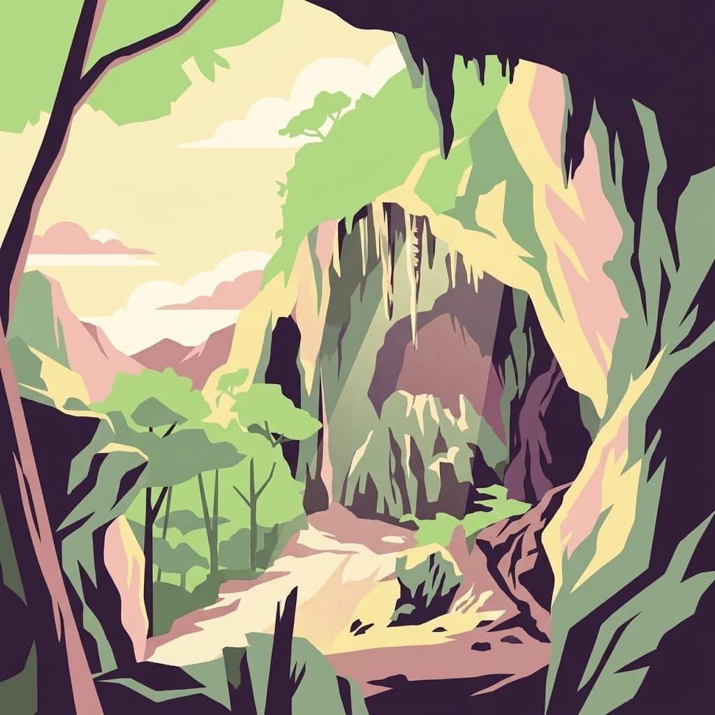 Illustration showing cave entrance with green vegetation and mountainous background