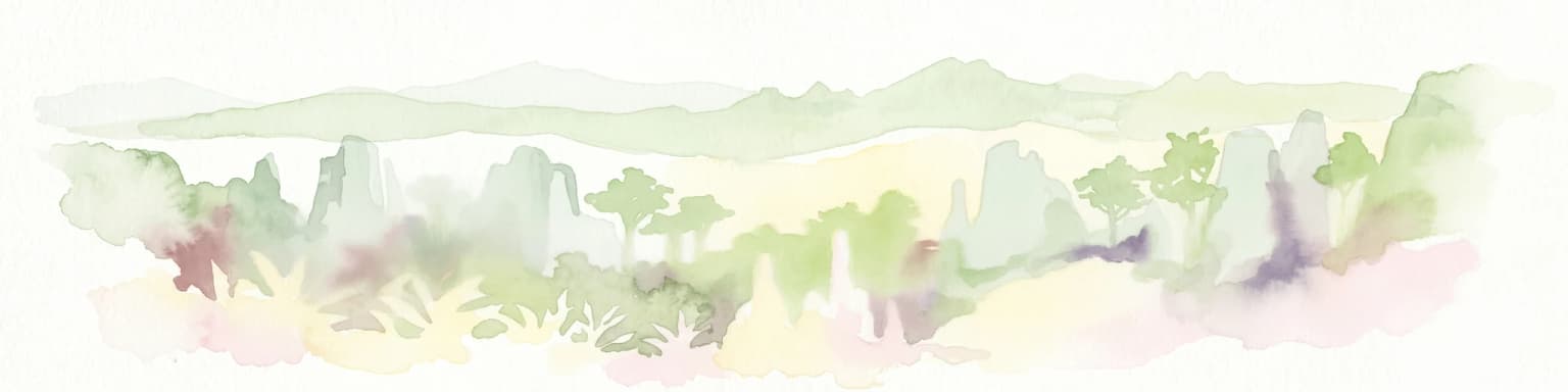Ilustración de acuarela de un paisaje con colinas verdes, árboles y un valle