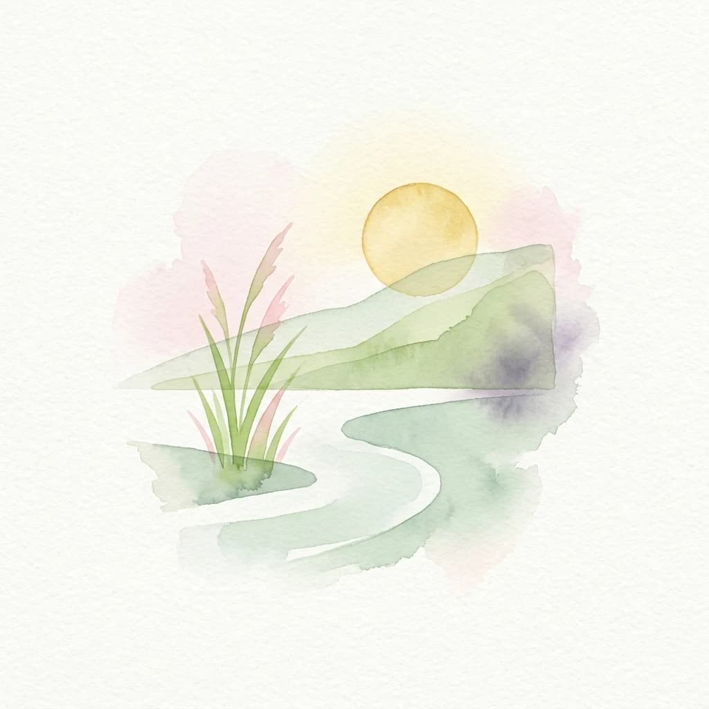 Ilustración de acuarela de un río que fluye a través de un terreno cubierto de hierba con colinas al fondo y un sol.