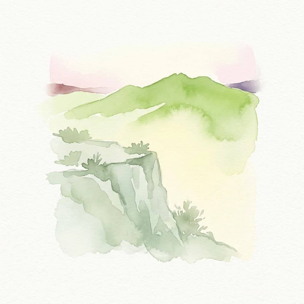 Ilustración acuarela de montañas verdes, acantilados y vegetación escasa