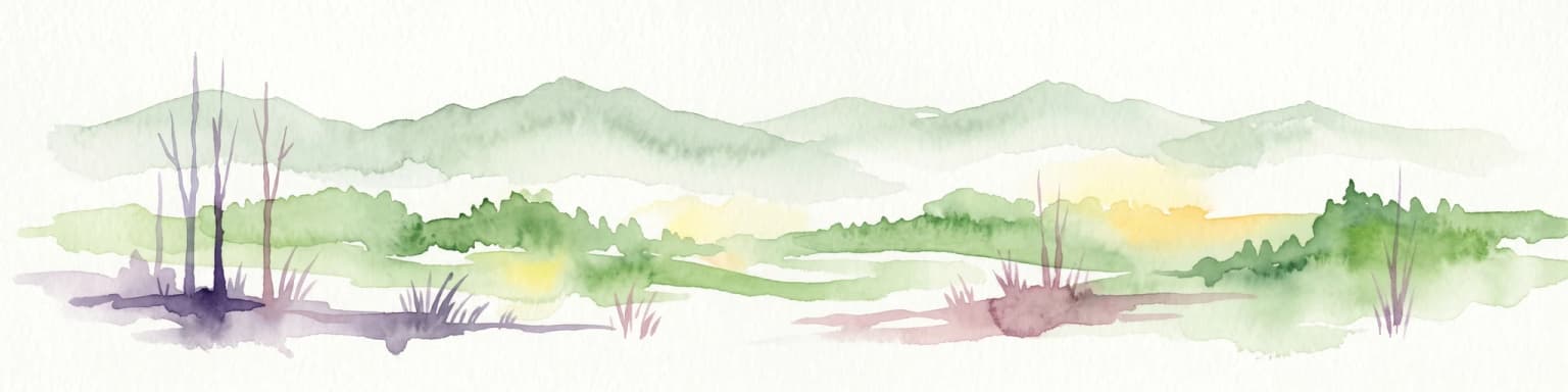 Watercolor illustration of green mountains, a river, and trees with distant hills under a yellow sky