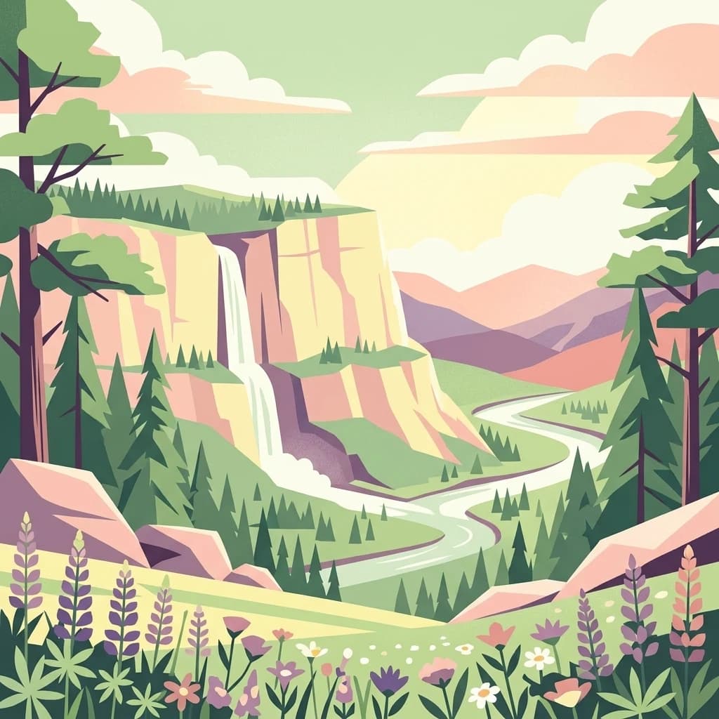 Illustrated scene with waterfall cascading from cliffs, surrounded by coniferous trees, a winding river, and wildflowers