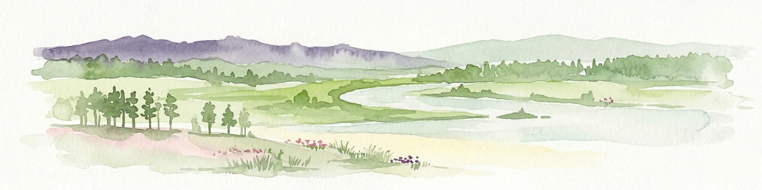 Watercolor illustration showing a river flowing through a valley with trees and distant mountains