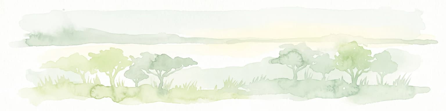 Watercolor illustration showing a soft-focus landscape with scattered trees, low scrub, and distant rolling hills in pale green and yellow tones.