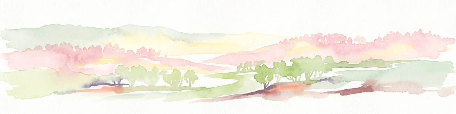 Una pintura horizontal en acuarela que muestra colinas onduladas abstractas y de bordes suaves en tonos rosa, verde pálido y amarillo, con grupos de verde claro que representan árboles o arbustos en primer plano.