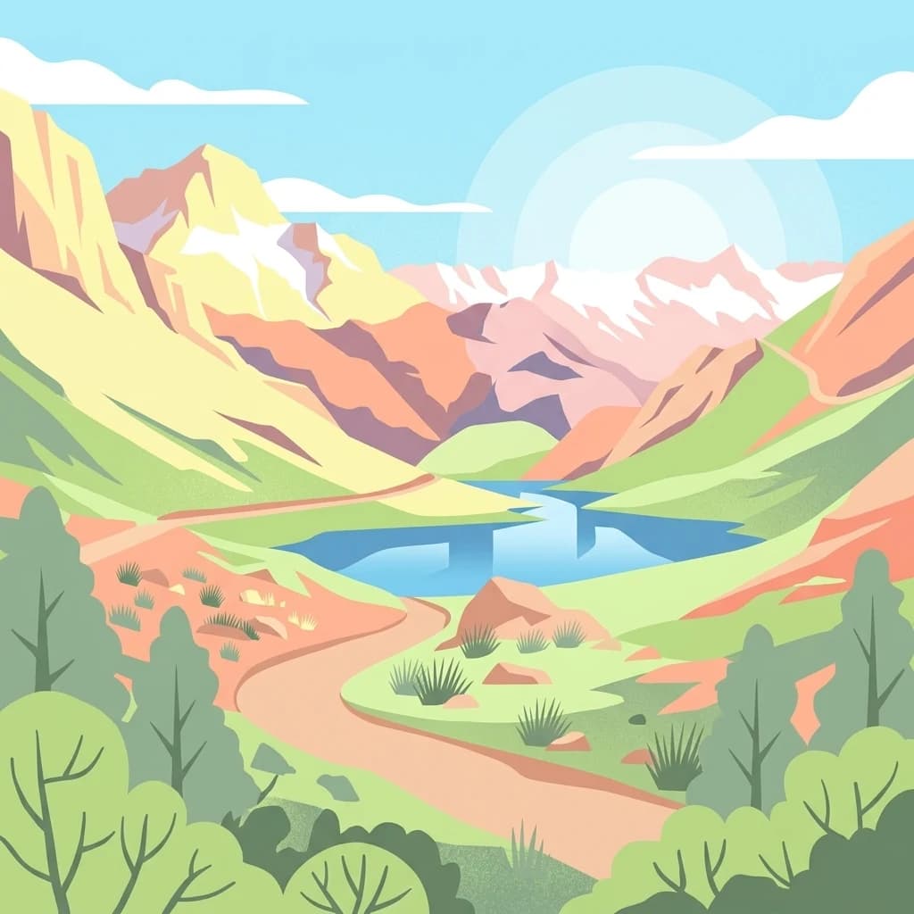 A flat-style vector illustration of a mountain valley with a central blue lake, surrounding peaks, and a winding dirt path.