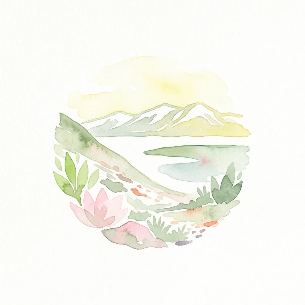Watercolor illustration showing a mountainous fjord with a lake, pink lotus flowers, green leaves, and rocks