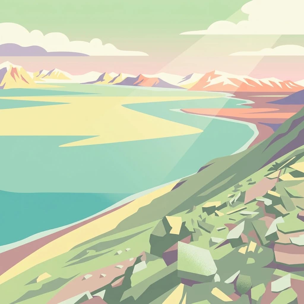 Illustration of a coastal fjord with rocky shoreline, mountains, and water