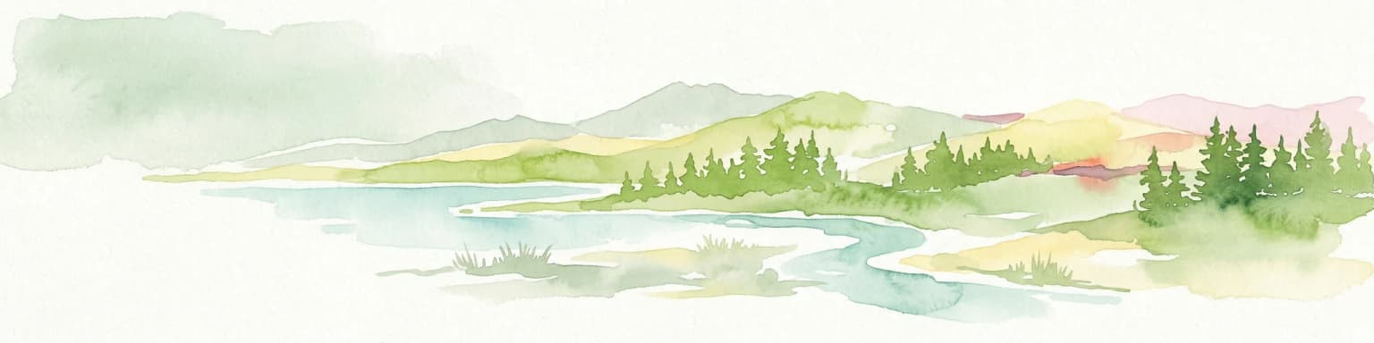 Watercolor illustration of a fjord with mountains, trees, and water bodies