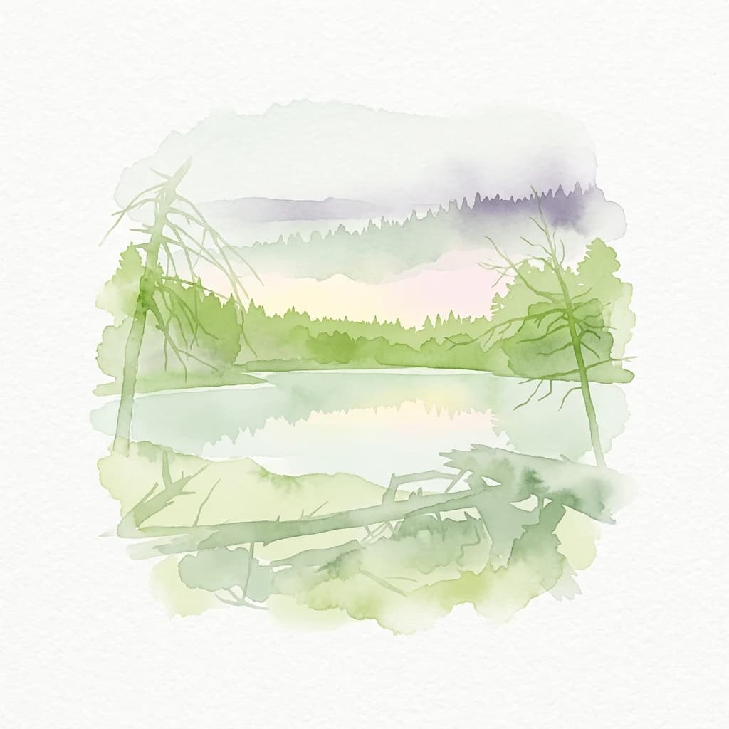 Watercolor illustration depicting a forested lake with trees and their reflections in the water