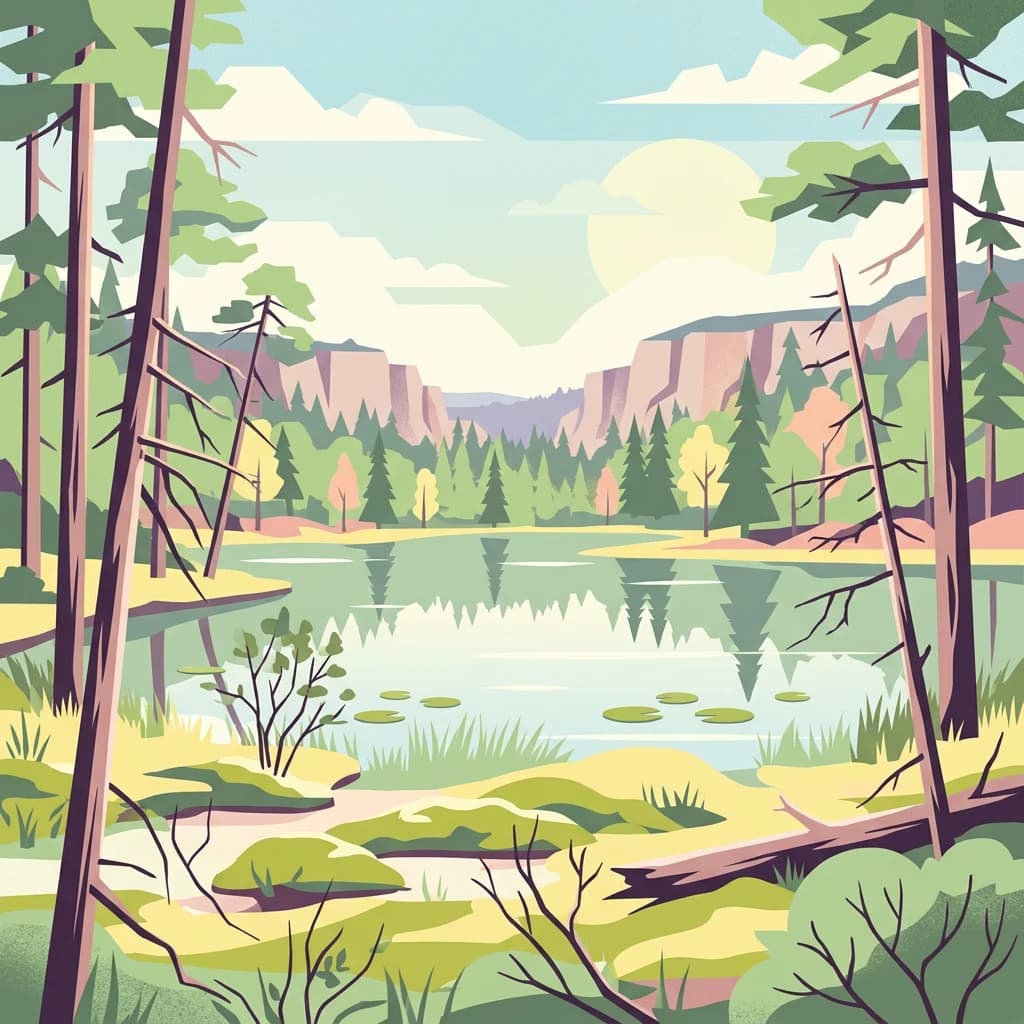 Stylized illustration showing a forest scene with a lake reflecting the sky and surrounding trees