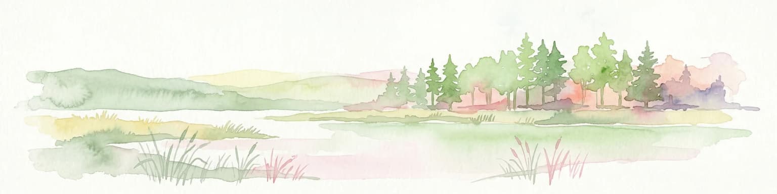 Watercolor illustration of a lake surrounded by trees and hills