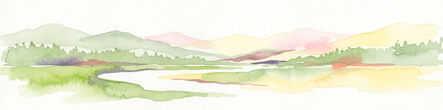 A soft watercolor illustration featuring rolling hills in the background, a tree line in the midground, and a winding waterway in the foreground.