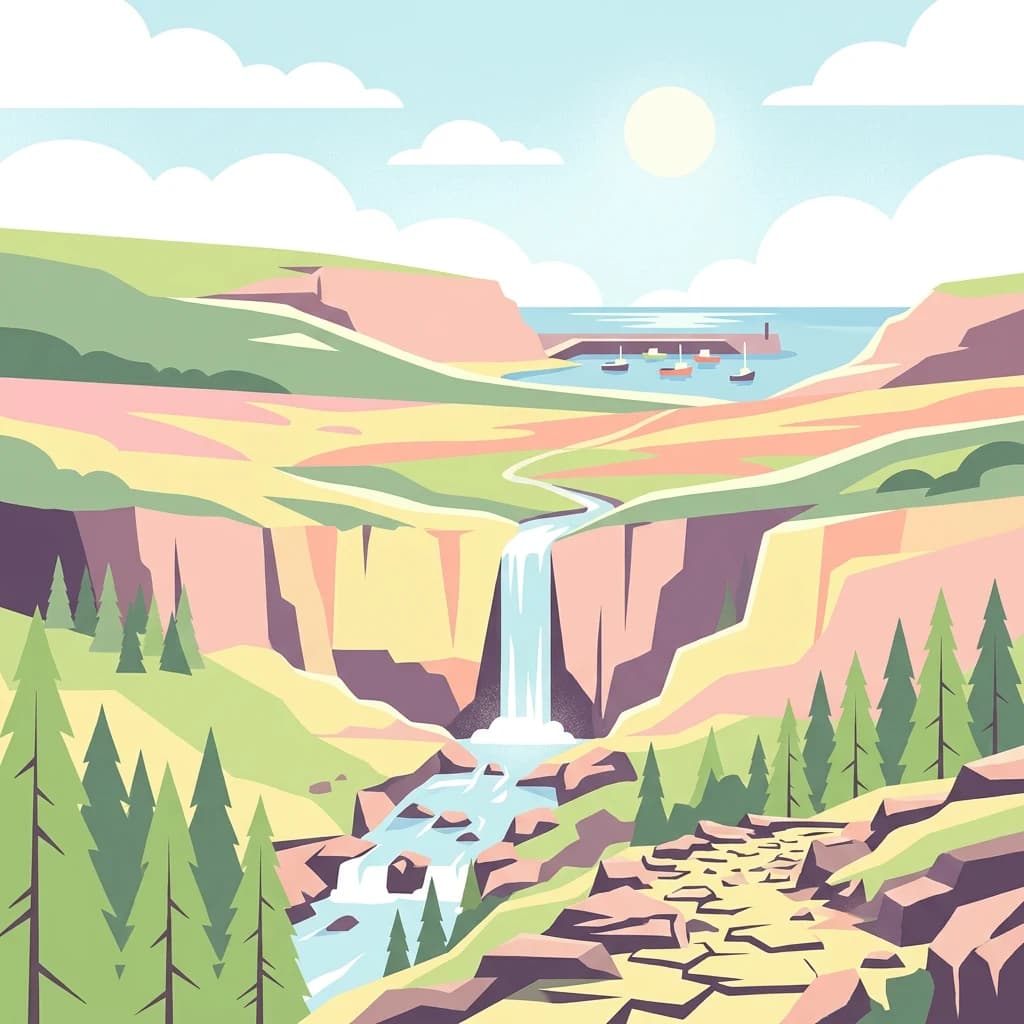 Stylized illustration of a waterfall cascading into a river, surrounded by cliffs, pine forests, and a coastal inlet with boats