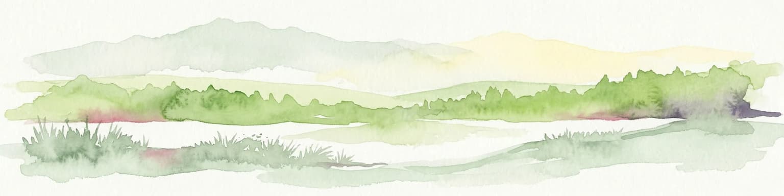 Watercolor illustration showing rolling hills, green vegetation, and a pale sky