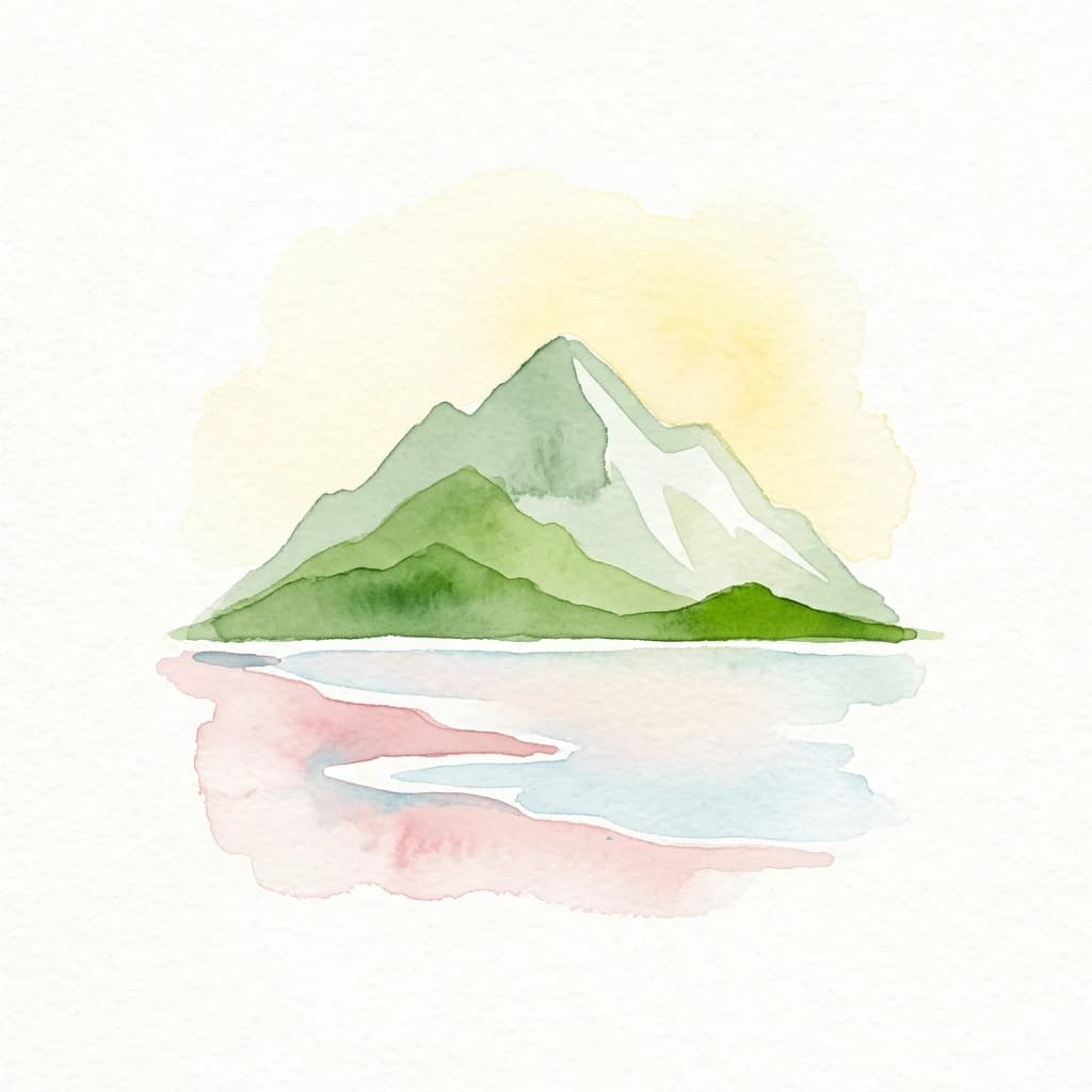 Watercolor illustration of a mountain with reflection in water