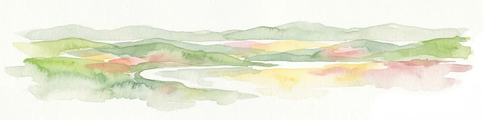 Watercolor illustration of green rolling hills and a body of water under a pale sky