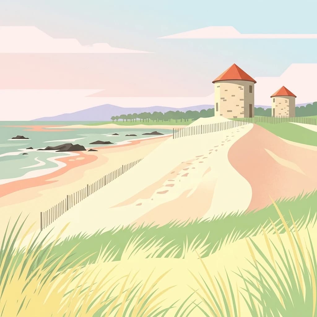 Illustration of sandy dunes, two watchtowers, ocean waves, and grassy foreground