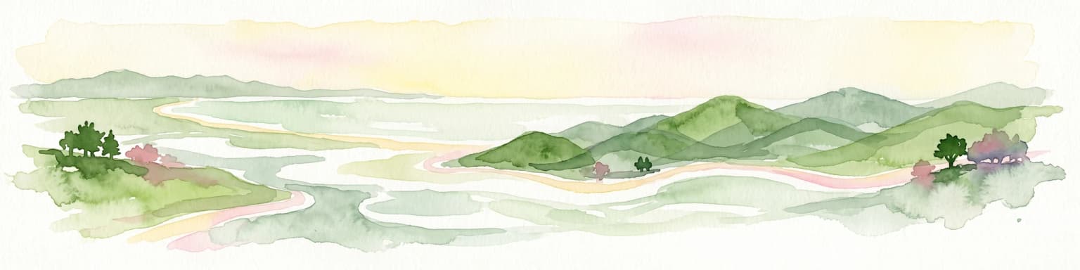A horizontal watercolor illustration depicting a coastal landscape with winding light-colored sandbars, pale water channels, and soft green rolling hills under a muted pastel sky.