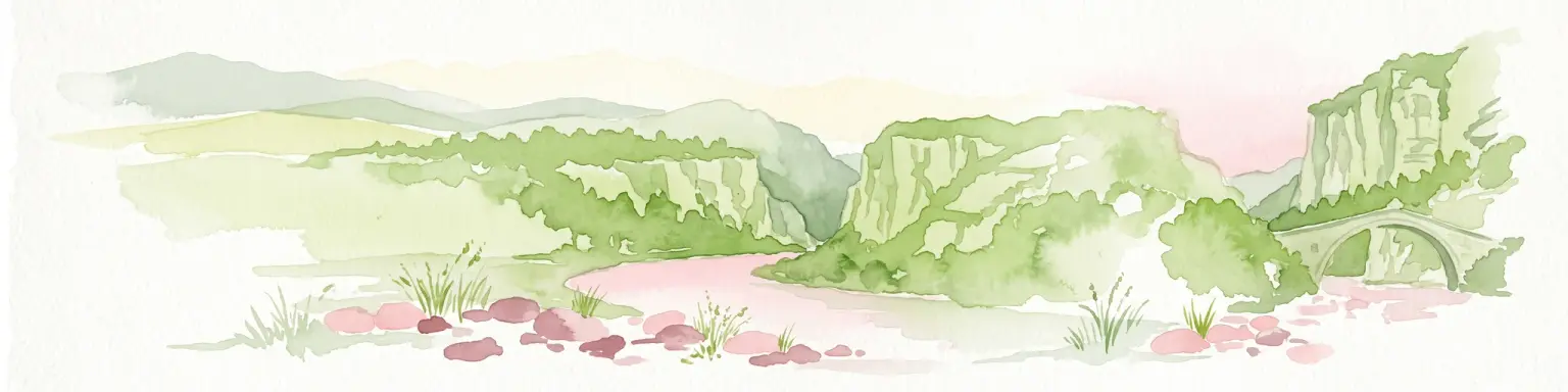 Una pintura en acuarela que muestra un río serpenteando a través de un desfiladero montañoso con un puente de arco de piedra en la margen derecha.