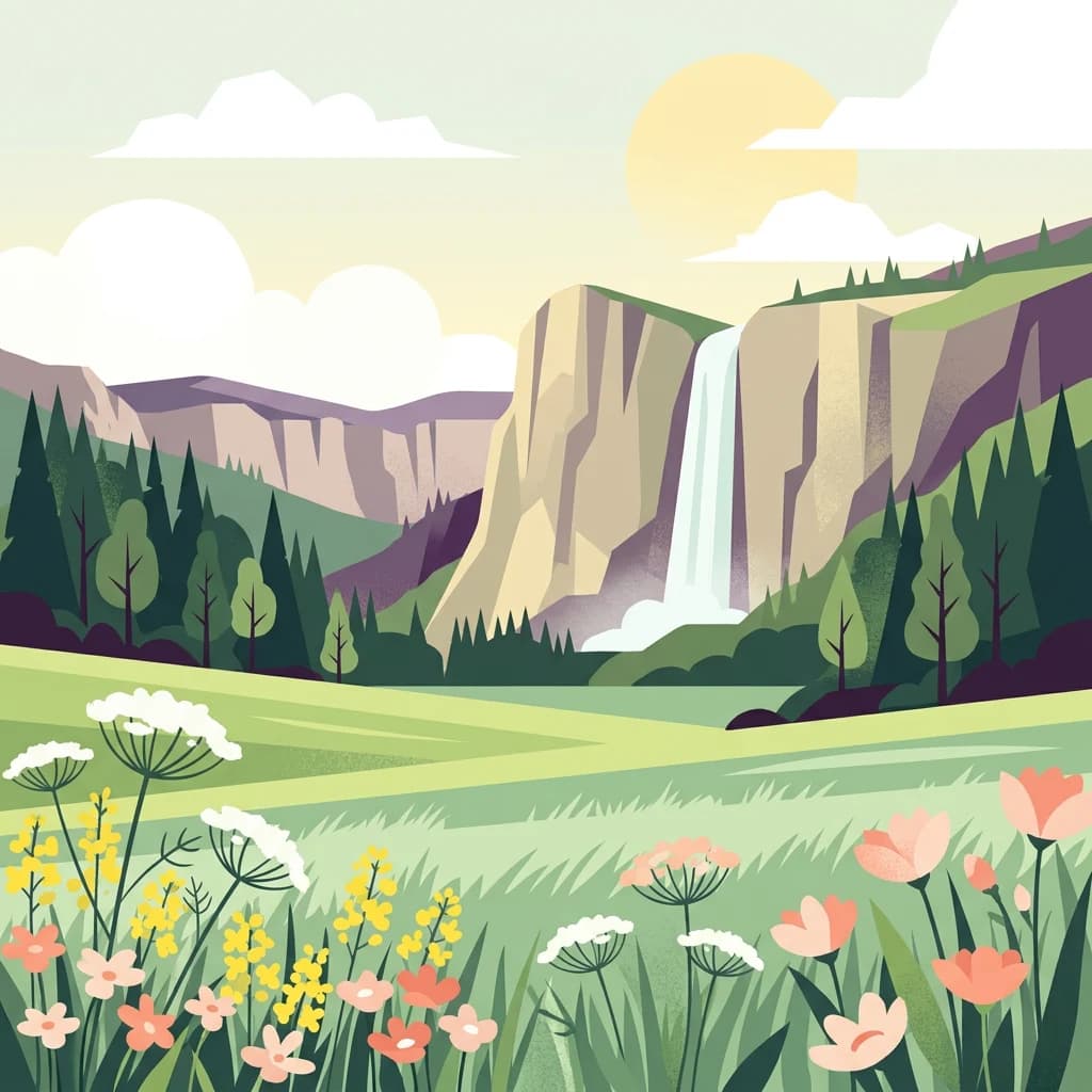 Illustration of a landscape with mountains, waterfall, forest, and wildflowers under a partly cloudy sky