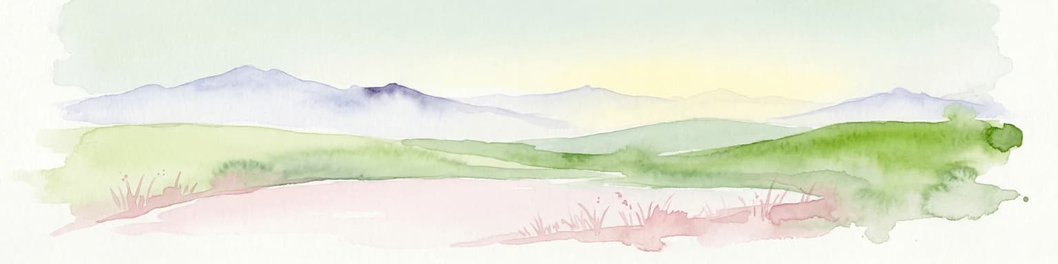 Watercolor painting showing green hills, pink fields, and purple mountains under a pale sky