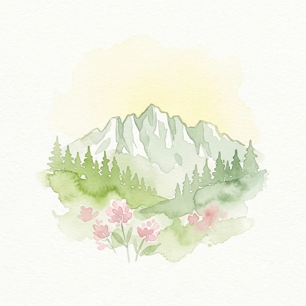 Watercolor illustration of a mountain range with evergreen trees and pink flowers in the foreground