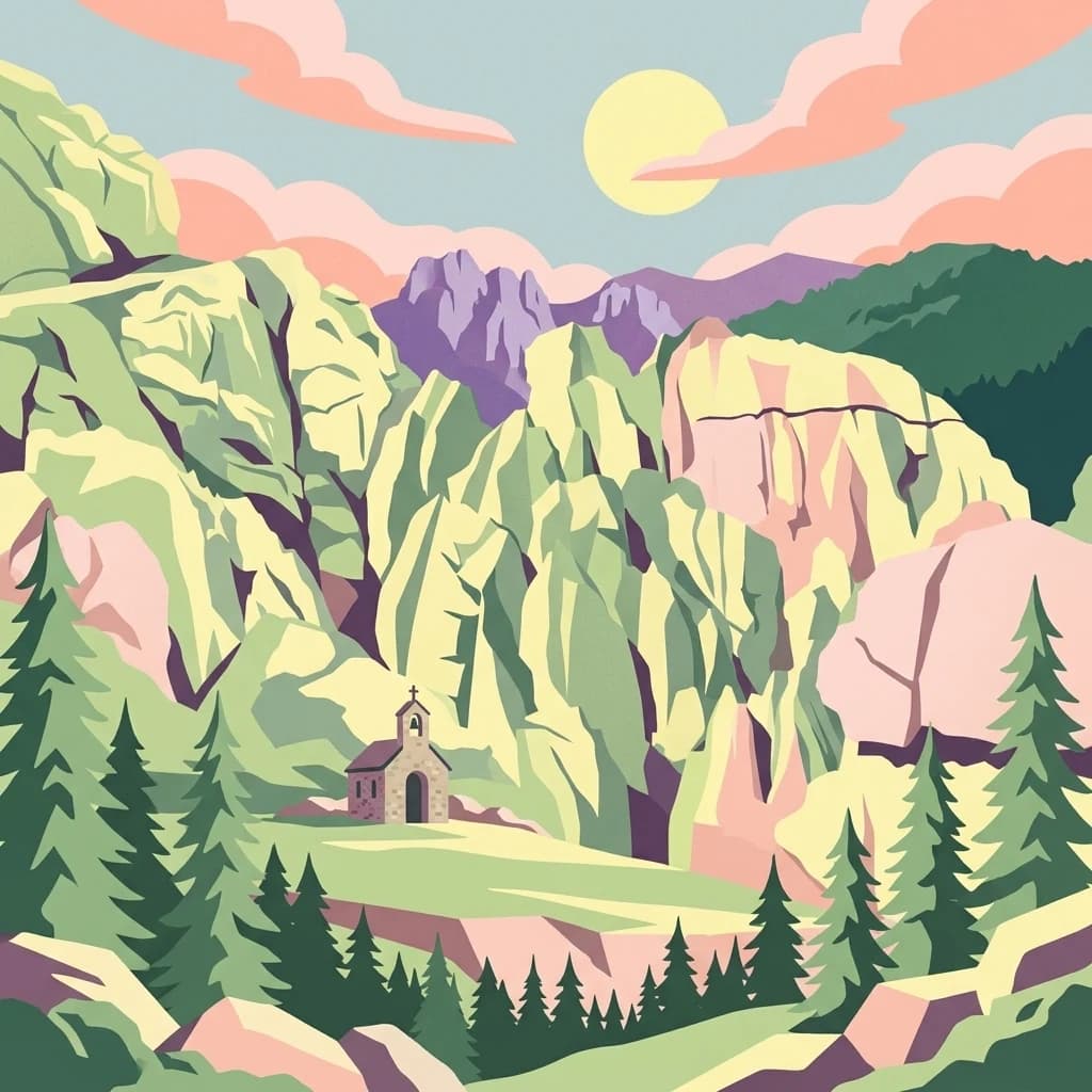Stylized illustration of rocky mountains, pine trees, and a small chapel with a setting sun