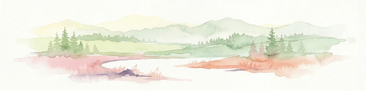 Watercolor artwork showing mountain peaks, forested slopes, and a lake with pink and green hues