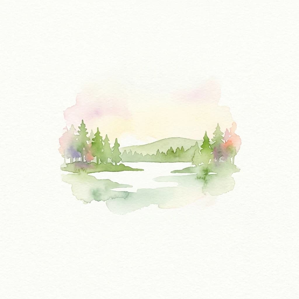 Watercolor painting of a lake surrounded by trees with a mountain in the background.