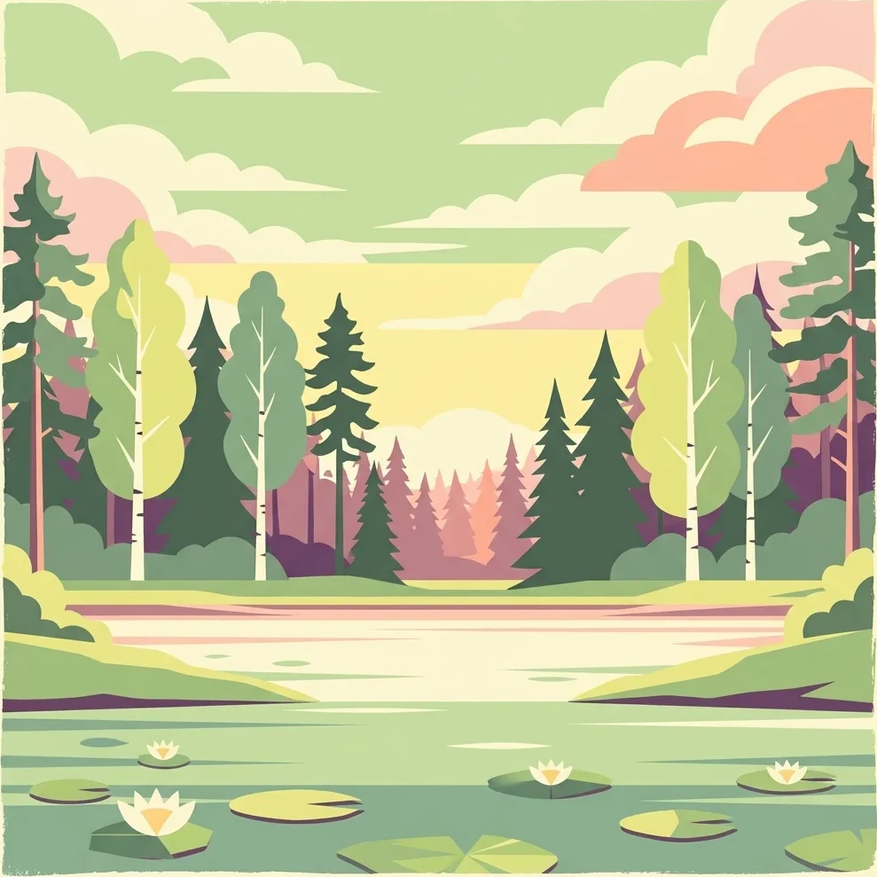 Illustration of a forest lake with lily pads and water lilies surrounded by trees and a colorful sky