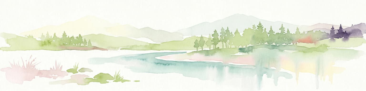 Watercolor illustration showing a lake, forested shoreline, and distant mountains