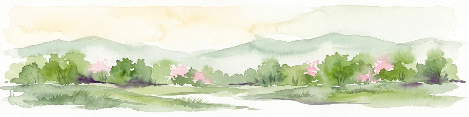 Una ilustración horizontal en acuarela que representa un paisaje suave y verde, con colinas onduladas a lo lejos, prados en primer plano y arbustos en flor bajo un cielo pálido.