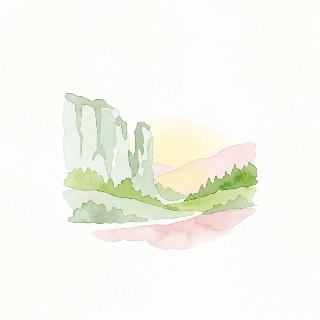 Watercolor painting showing limestone cliffs, green hills, and a sunset over a valley