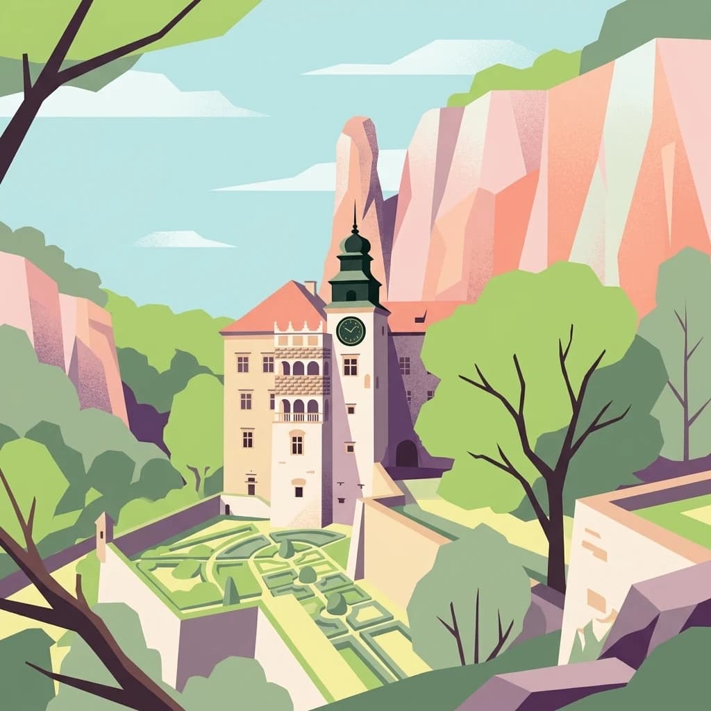 Illustration of a historical building with a clock tower surrounded by gardens and cliffs