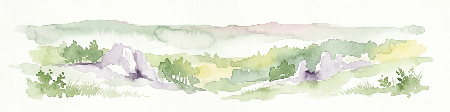 Watercolor illustration showing green hills, scattered trees, and a light sky background
