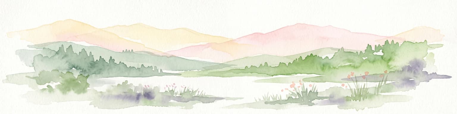 A watercolor painting of a mountain landscape with soft-colored rolling hills, a green forest line, and foreground vegetation on a white background.
